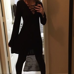 Lace up v-neck dress with flared sleeves